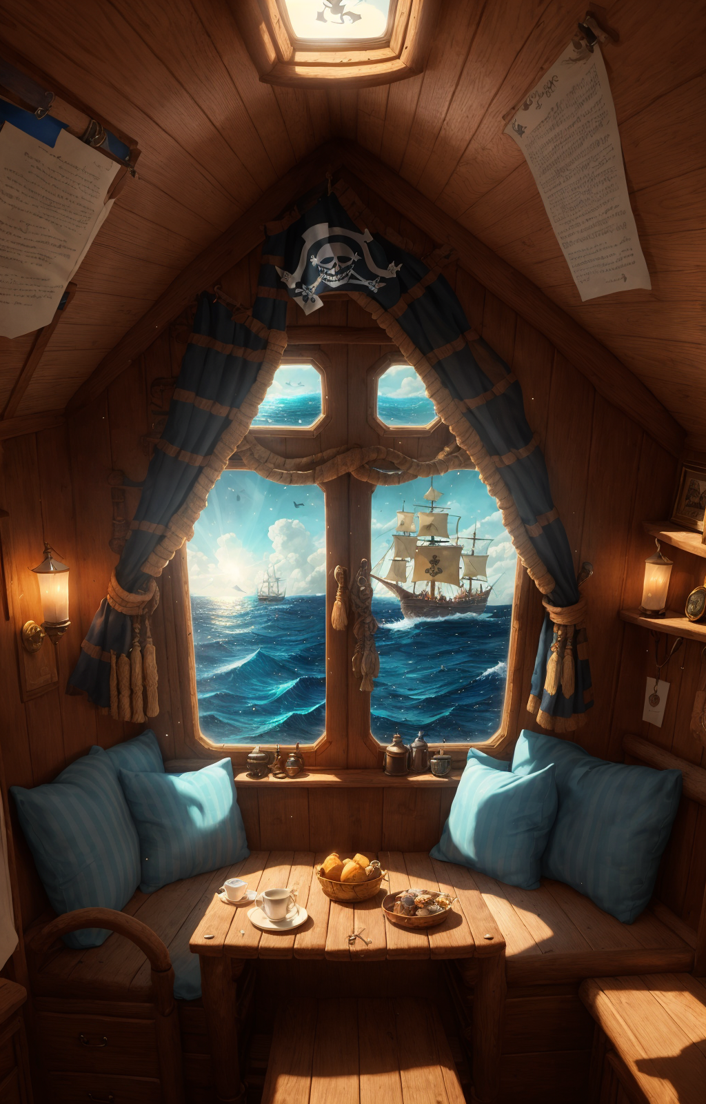 01134-2042172165-The captain of the Pirates of the Caribbean sits in the cabin, Window, an aura, Dim environment.png